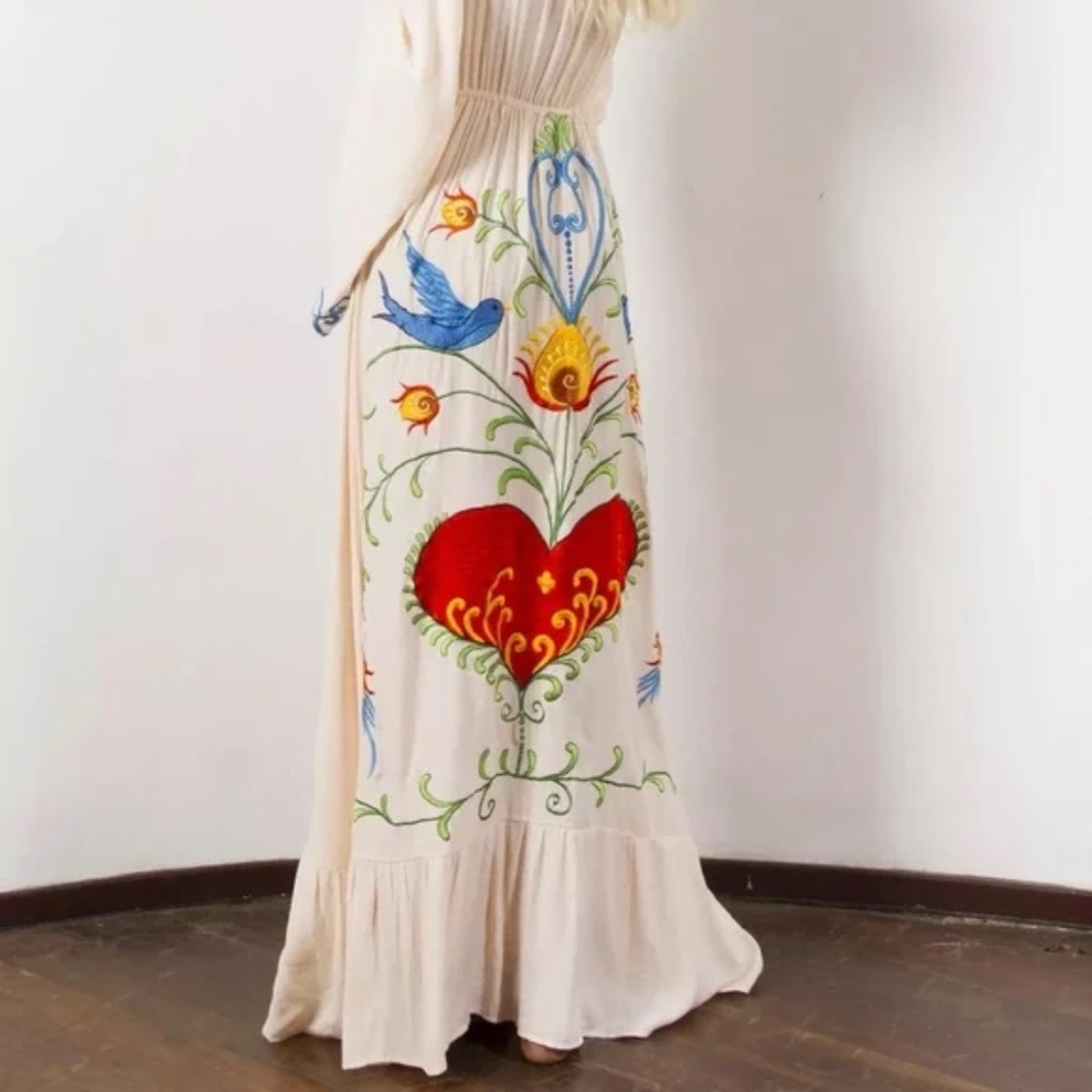 Boho Embroidered Hearts Floral Birds Long Maxi Kimono Dress - Picture 13 of 16
